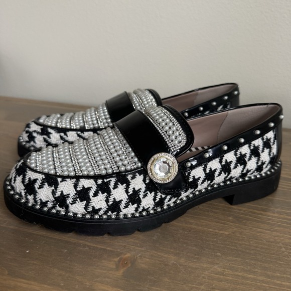 Betsey Johnson Women's 7.5 Miriam Houndstooth Pearl Rhinestone Studded Loafers - Picture 2 of 10